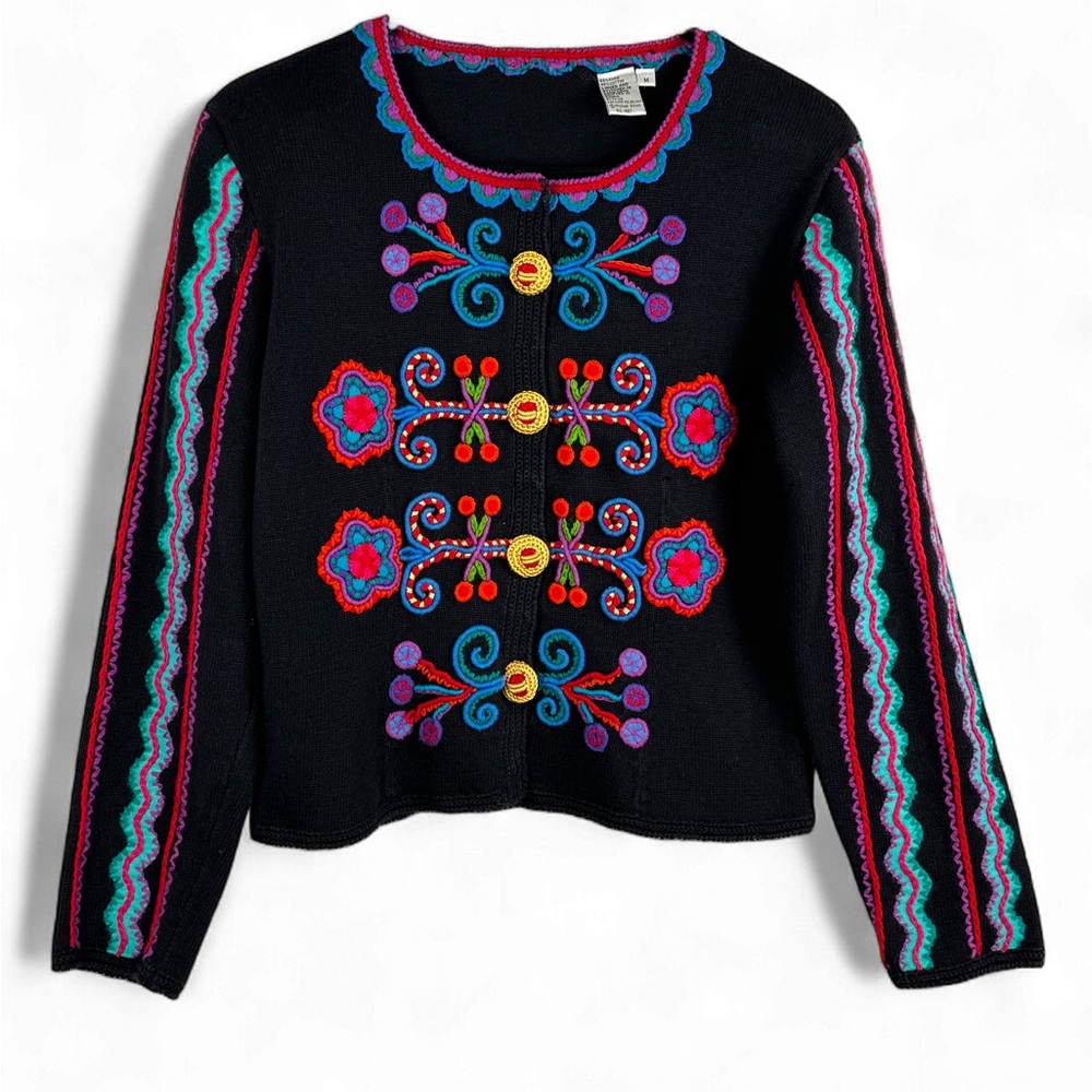 Michael Simon 1997 Bavarian Style Sweater Cardigan  Size M Colorful Embroidery